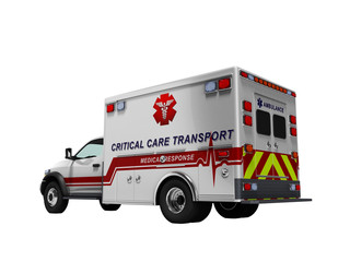 Ambulance white car rear view 3d render on white background no shadow