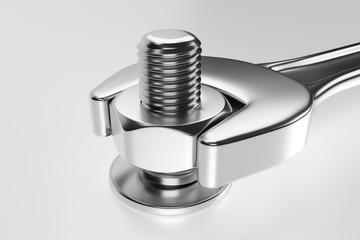 Wrench with bolt and nut on white background. 3d rendering