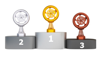 Front View of Sport Wheel Motorbike Gold Silver and Bronze Trophies on a Podium © ShkYo30