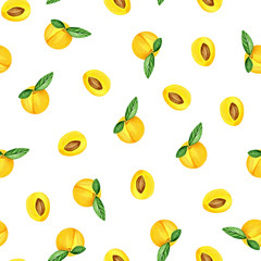 Watercolor illustration with colorful apricots on white background. Watercolour print on white background for fabric, tectile, paper. Seamless pattern