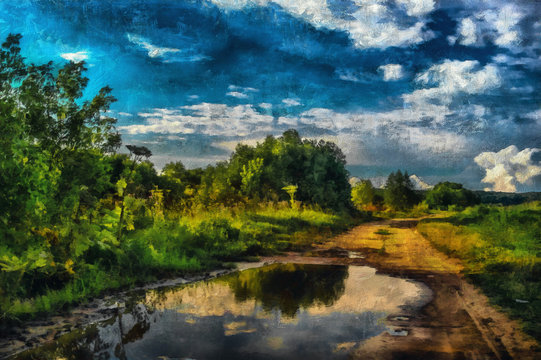 Beautiful painting. Rural road. huge puddle. Summer day.