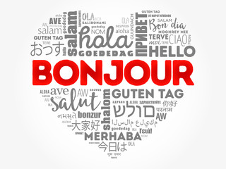 Bonjour (Hello Greeting in French) heart word cloud in different languages of the world