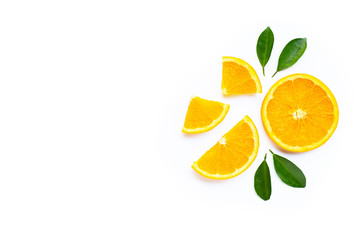 High vitamin C. Fresh orange citrus fruit with leaves isolated on white.