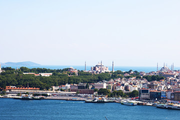 Panoramic view of the historic peninsula of Istanbul. Hagia Sophia and Sultan Ahmet Mosque from the Galata Tower