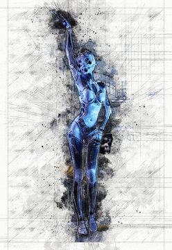 Digital artistic Sketch, based on a self-created 3D Illustration of a female Cyborg, Model-Release or Property Release not required.