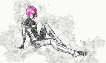 Obraz na płótnie Canvas Digital artistic Sketch, based on a self-created 3D Illustration of a female Cyborg, Model-Release or Property Release not required.