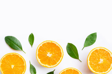 Top view of orange fruits and leaves isolated on white background.