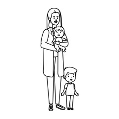 young mother with baby and son characters