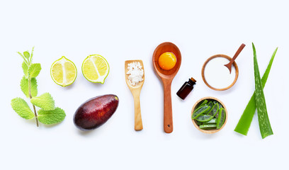 Natural ingredients for homemade skin care on white