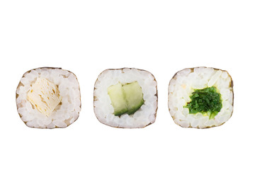 Sushi rolls isolated on white background. Collection. Close-up of delicious japanese food with sushi roll.