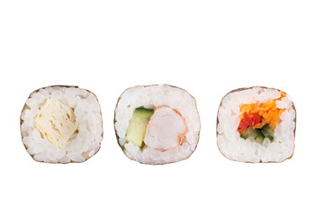 Sushi rolls isolated on white background. Collection. Close-up of delicious japanese food with sushi roll.