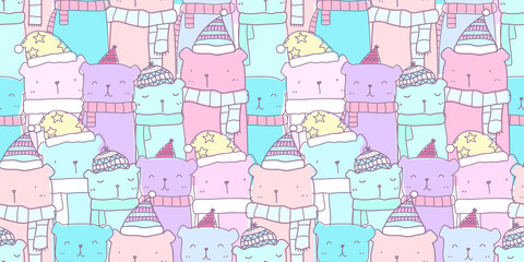 Seamless pattern with hand drawn cute bear family in pastel color. Kawaii bear background for kid fabric pattern, baby wallpaper, nursery, wrapping paper, scrapbook and packaging design