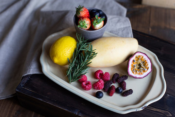 Tropical Mixed fruits on table.
