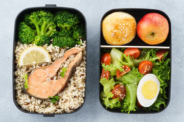 Healthy and nutritious lunch or snack boxes with food.