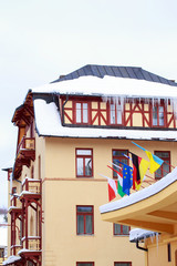 Large building with flags