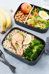 Healthy and nutritious lunch or snack boxes with food.