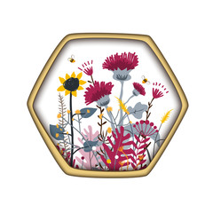 Hexagon Shape Label with cute honey meadow flowers and bees. Cartoon vector illustration. Grassland Honey Concept