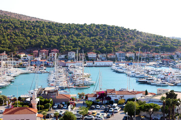 View of the city from the old Ottoman Cesme Castle. View of the Cesme marina