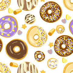 Fototapeta premium Glazed Donuts seamless pattern. Bakery Vector Cartoon style illustration. Top View doughnuts