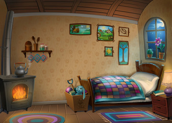 interior of rural house, cartoon, illustration, background