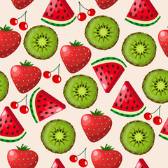 Seamless pattern with summer food. Colorful vector illustration with fruits and berries. Healthy food concept.