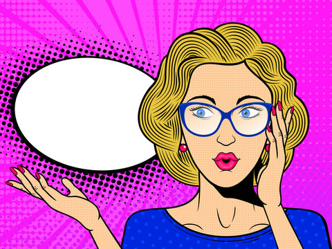 Pop art surprised female face with. Comic blonde woman in glasses with speech bubble. Retro pink dotted background. Stock vector illustration.