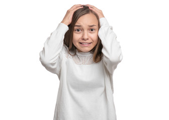Emotional portrait of beautiful caucasian surprised Teen Girl isolated on white background. Schoolgirl looking at camera and shocked. Amazed child - close-up portrait.