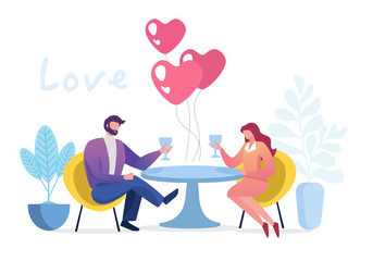 Happy Valentine Day greeting card with Valentine in the envelope and the words Love, flat vector illustration isolated on white background. Valentine day greeting card with hugging funny couple