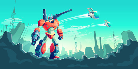 Alien invaders attacking metropolis cartoon vector concept. Battle robot, transformer warrior armed with laser gun standing on ruins of modern city, battle drone, spaceships flying in sky illustration - obrazy, fototapety, plakaty
