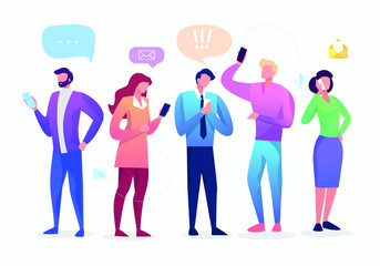Fototapeta na wymiar Social Network. Group of Young People Characters Chatting Using Smartphone for Website or Web Page. Virtual Communication Concept. Vector illustration