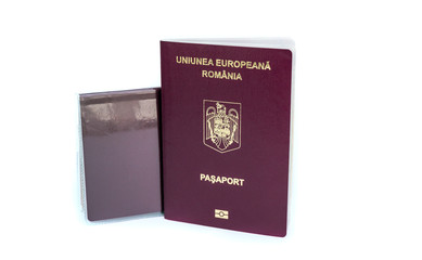 Romanian international passport isolated on white background. European Union Passport.