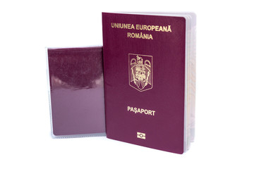 Romanian international passport isolated on white background. European Union Passport.