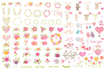 Big collection of vector elements. Floral compositions, wreath, cute animals, hearts. Ideal for decoration of invitations, texts, celebration cards, scrapbooking, celebration stuff like wishes cards.