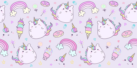 Cute unicorn pattern seamless horizontal in pastel color. Kawaii unicorn background for kid © Moko22