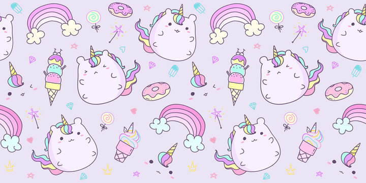 Cute unicorn pattern seamless horizontal in pastel color. Kawaii unicorn background for kid
