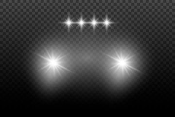 Car headlights shining from darkness. Silhouette of car with headlights on black background .Vector illustration EPS10