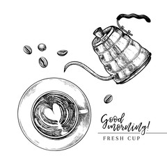Coffee set. Hand drawn coffee cup from above and kettle. top view of mug of cappuccino. Vector engraved icon. Morning fresh drink. For restaurant, cafe menu, coffee shop flyer, banner design template. - 264152363