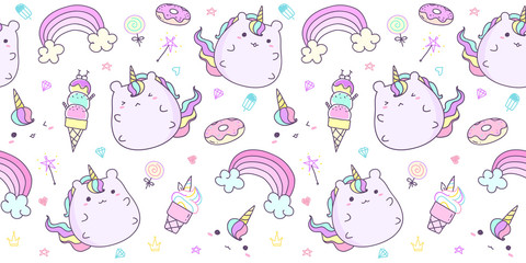 Seamless pattern with hand drawn unicorn in pastel color. Kawaii unicorn background for kid.