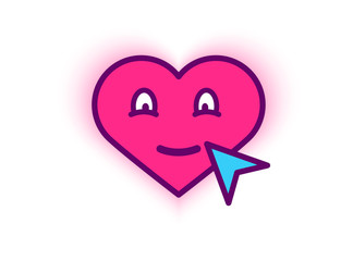 Vector illustration of red smiling heart on white background with arrow. Heart icon. Artistic design of the cover, web page, banner