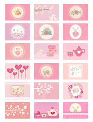 Big collection of cute pink cards. Ideal for scrap booking, celebration card, invitation. 