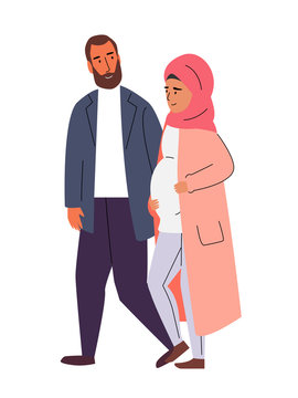 Muslim family, pregnant woman in hijab, vector illustration