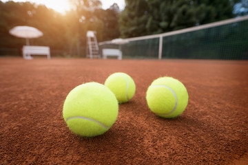 Close-up of tennis balls on playing field, Bavaria, Germany