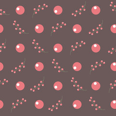 Cute seamless Scandinavian pattern with red holly berries. Pastel colours, dark red background, flat style illustration. Vector.