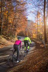 Couple riding roadbike on street in autumn, Bavaria, Germany
