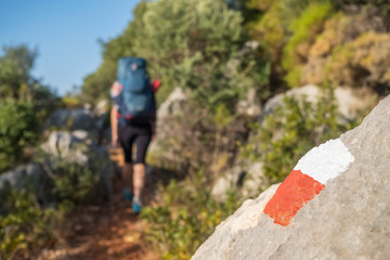 Lycian way hiking trail red and white sign symbol in Turkey. 