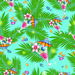 Seamless summer beach pattern with palm leaves and cocktails on blue sea background.