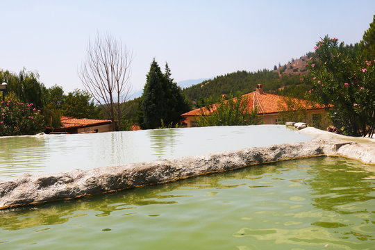 Red pools of Karahayit with the healthy mineral and thermal water in city of Denizli 