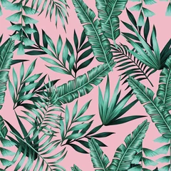 Wall murals Watercolor leaves Exotic green tropical leaves seamless pattern pink background