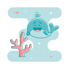 Cute aquamarine laughing whale and corals. Fish, sparkling stars and aquamarine blob in the background. Linear style illustration. Vector.