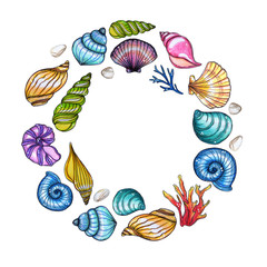 Hand painted watercolor shells template isolated on white background.